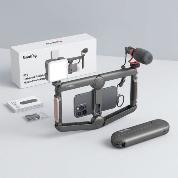 مقبض ريج تصوير سينمائي سمول ريج SmallRig P20 القابل للطي للجوال مع الميكروفون والإضاءة