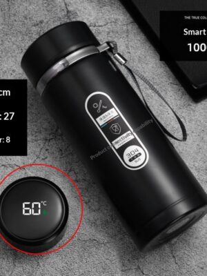 زجاجة حرارية LED ذكية باللون الأسود سعة 1000 مل مصنوعة من الفولاذ المقاوم للصدأ وتعرض درجة حرارة 60 مئوية على الغطاء الرقمي