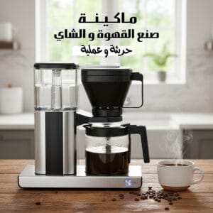 ماكينة صنع القهوة والشاي العملية الحديثة من السيف ستيل بلون ستيل وأسود مع إبريق زجاجي وكوب قهوة ساخن