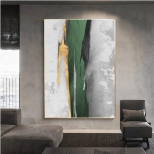 لوحة كانفاس تجريدية عصرية لغرفة المعيشة بتصميم ألوان الأخضر والذهبي والأسود معروضة على جدار الصالة